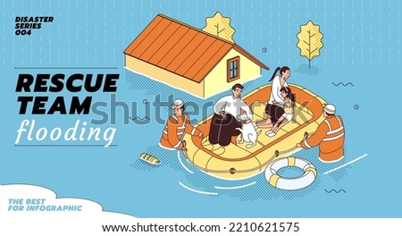 Illustration concept of Climate Change. Flood Diaster. Typhoon. A rescue team helping people or family by pushing a rubber boat through a flooded road. 