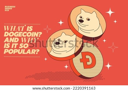 Illustration concept of Why DOGECOIN is so Popular? Dogecoin or DOGE cryptocurrency isolated on solid color background, Face of the Shiba Inu dog on coin, Symbol digital currency, Vector illustration