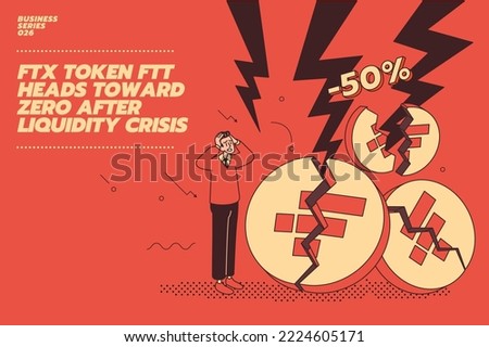 lat illustration concept of Crypto market down: FTX Token or FTT ON Brink of Collapse.  Thunderbolt strikes through FTT token or FTX coins.