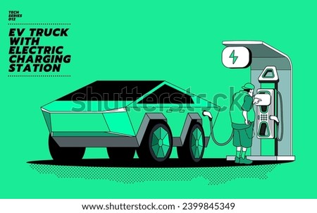 Vector illustration of a electric truck with a man at EV charging station. A pickup electric car vector graphic illustration isolated on background.