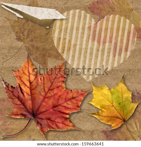 Autumn leaf with the plane from folded paper.. Romantic heart and the letter. Raster seasonal image.