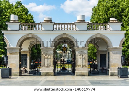 WARSAW, POLAND - MAY 15: The Tomb of the Unknown Soldier at Pilsudski Square, on May 15, 2013. The tomb houses the ashes of unknown soldiers who gave their lives for Poland on numerous battle fields.