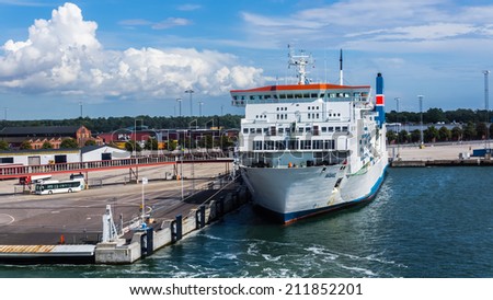 YSTAD, SWEDEN - AUGUST 15, 2014: Polish ferry Wawel at the quay in the port of Ystad. The ferry port provides services to Swinoujscie in Poland and forms  a part of the E65 trans-European route.