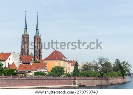 Distant view on The Cathedral of St. John the Baptist, the seat of the Roman Catholic Archdiocese of Wroclaw, Poland.