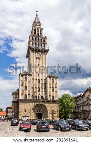 BIELSKO BIALA, POLAND - MAY 30, 2015: St. Nicholas Cathedral built in 1447. Many times rebuilt, reached its final shape in 1912, combines elements of architectural styles from Gothic to Modernism.