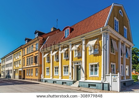 KALMAR, SWEDEN - AUGUST 9, 2015: Small residential houses in Kalmar, city situated by the Baltic Sea with around 36k inhabitants, the seat of Kalmar Municipality and the capital of Kalmar County.