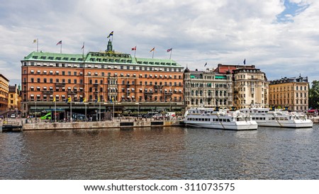 STOCKHOLM - AUGUST 11, 2015: Five-star The Grand Hotel Stockholm founded in 1872. Since 1901, the Nobel Prize laureates and their families have traditionally been guests at the hotel.