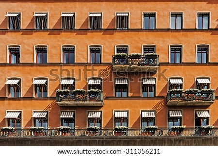 STOCKHOLM - AUGUST 11, 2015: Closeup of the facade of The Grand Hotel Stockholm founded in 1872. Since 1901, the Nobel Prize laureates and their families have traditionally been guests at the hotel.
