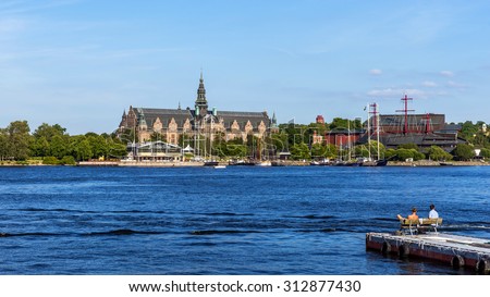STOCKHOLM - AUGUST 10, 2015: The Nordic and Vasa Museums on Djurgarden Island. The Island is home to historical buildings, monuments, galleries, the amusement park Grona Lund and the open-air Skansen.