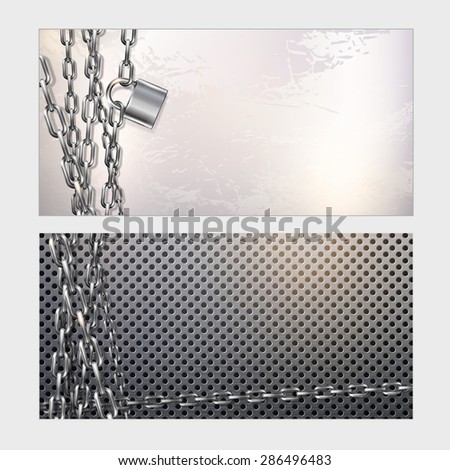 Two horizontal banners, metal chain and padlock on a metal wall