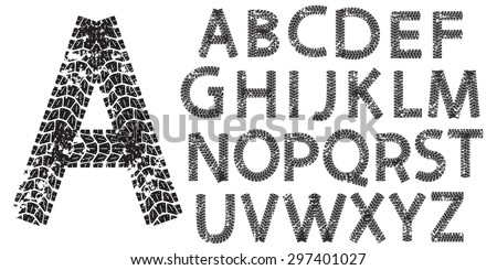 Vector alphabet letters made from motorcycle tire tracks, isolated on white