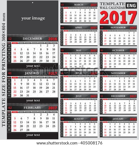 English template wall quarterly calendar 2017, template size for printing 300×804 mm, vector