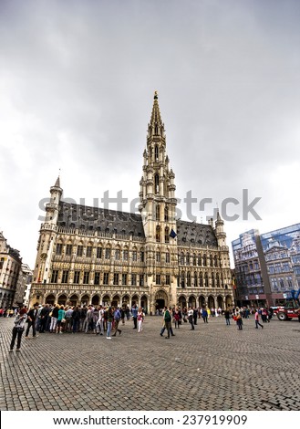 BRUSSELS, BELGIUM - JULY 13, 2014: Houses of the famous Grand Place (Grote Markt) - the central square of Brussels. Grand Place was named by UNESCO as a World Heritage Site in 1998.