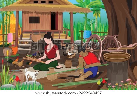 The father was sharpening bamboo while the daughter was weaving bamboo containers under the big tree in front of the hut.vector design