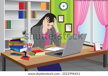 A young female employee sits with her head held down, stressed from work.