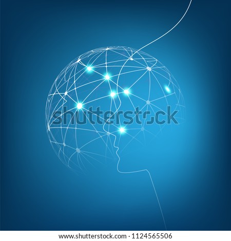 Machine Learning, Artificial Intelligence, Cloud Computing, Automated Support Assistance and Networks Design Concept with Wireframe Sphere and Human Face Silhouette