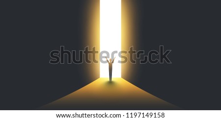New Possibilities, Hope - Overcome Business Problems, Solution Finding,  Vector Concept - Businessman Standing in Dark, Symbol of Light at the End of the Tunnel