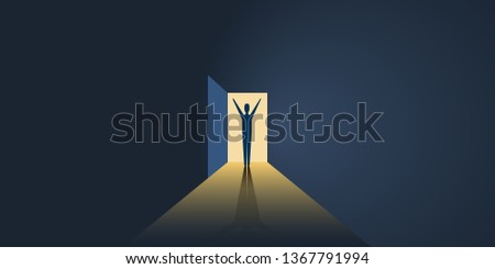 New Possibilities, Hope - Business Finding Solution Vector Concept - Businessman Standing in Front of the Door in the Dark, Symbol of Light at the End of the Tunnel 