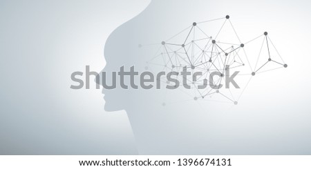 Abstract Machine Learning, Artificial Intelligence, Cloud Computing and Networks Design Concept with Geometric Network Mesh and Human or Robot Head Silhouette