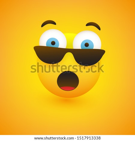 Emoji with Surprised Face, Open Mouth and Eyes with Sunglasses - Simple Emoticon on Yellow Background - Vector Design Illustration