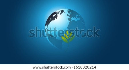 Blue Global Eco Concept Design Layout - Green Leaves and Earth Globe - Vector Template