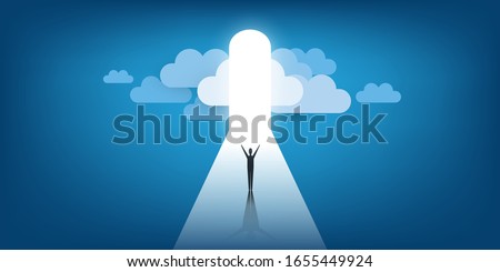 New Possibilities, Hope, Dreams - Business, Solutions Finding or Heaven Concept - Man Standing in Front of a Door Under a Cloudy Sky, Light at the End of the Road