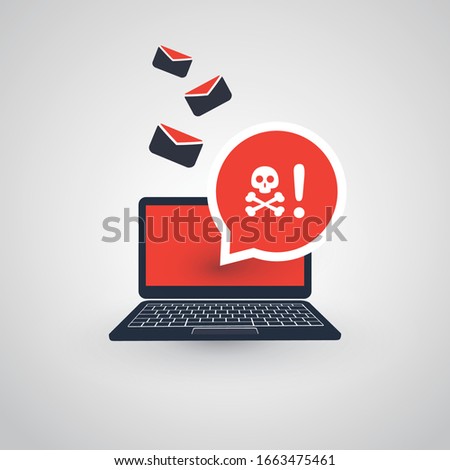 Laptop and Envelopes - Malware Attack Warning, Infection by E-mail - Virus, Backdoor, Ransomware, Fraud, Spam, Phishing, Email Scam, Hacked Computer - IT Security Concept Design, Vector Illustration