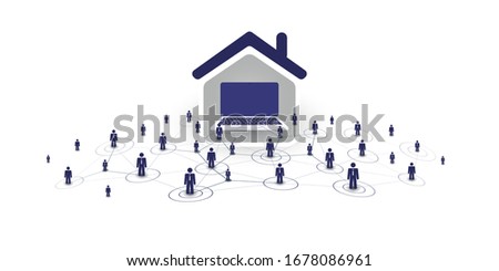 Home Offices - People Work at Home and Make Social Connections Through the Internet - Design Concept with Symbolic Network of Houses, Computers Inside and a Businessmen Nodes - Vector Illustration