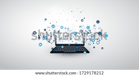 Internet of Things, Cloud Computing Design Concept with Icons and Laptop Computer - Digital Network Connections, Technology Background
