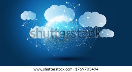 Smart City, Cloud Computing Design Concept with Transparent Globe and Cityscape - Digital Network Connections, Technology Background