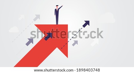 New Possibilities, Hope, Dreams - Business Achievements, Solutions Finding Concept - Man Standing on a Big Up Arrow Showing The Way - Vector Illustration 