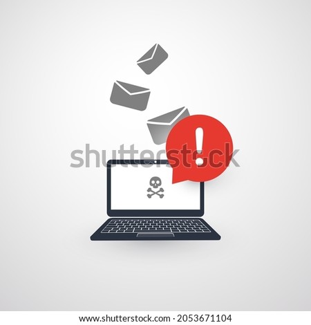 Alert of Infection by E-mail, Laptop Computer Notification, Warning, Important Message or Dangerous Infected Email - Vector Concept Design - Notebook Computer with Speech Bubble and Exclamation Mark