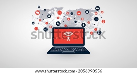 Unsafe Wi-Fi Connections, Networks - Virus, Backdoor, Ransomware, Fraud, Spam, Phishing, Email Scam, Hacker Attack - Global IT Security Concept Design, Vector Illustration with World Map, Network Mesh