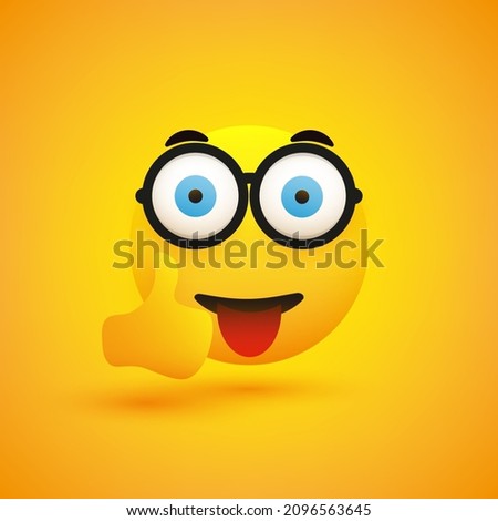Surprised, Smiling Emoji with Glasses, Pop Out Wide Open Eyes and Stuck Out Tongue Showing Thumbs Up - Simple Happy Emoticon on Yellow Background - Vector Design