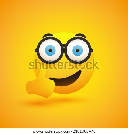 Funny Surprised, Satisfied Smiling Emoji with Glasses and Pop Out Wide Open Big Blue Eyes Showing Thumbs Up - Simple Happy Emoticon on Yellow Background - Vector Design