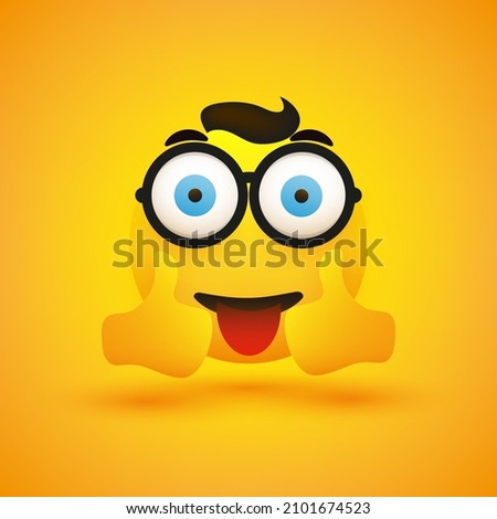 Smiling Happy Young Male Emoji with Hair, Pop Out Wide Open Big Blue Eyes and Glasses Showing Double Thumbs Up - Simple Happy Emoticon on Yellow Background - Vector Design