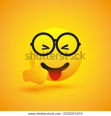 Smiling Cheering Amused Shiny Happy Young Male Emoji with Stuck Out Tongue and Glasses Showing Thumbs Up - Simple Emoticon on Yellow Background - Vector Design