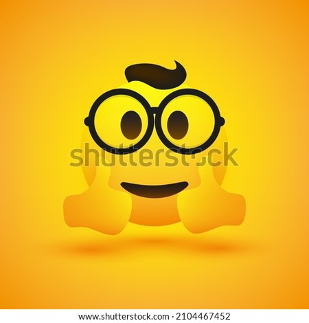 Smiling Happy Cheerful Young Male Nerd Emoji with Hair and Glasses Showing Double Thumbs Up - Simple Happy Emoticon on Yellow Background - Vector Design