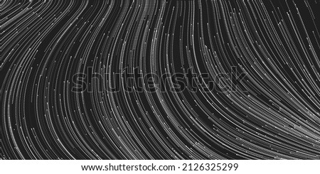 Black and White Moving Particles in Curving Lines - Modern Style Striped Pattern, Digitally Generated Dark Futuristic Abstract Geometric Background Design in Editable Vector Format