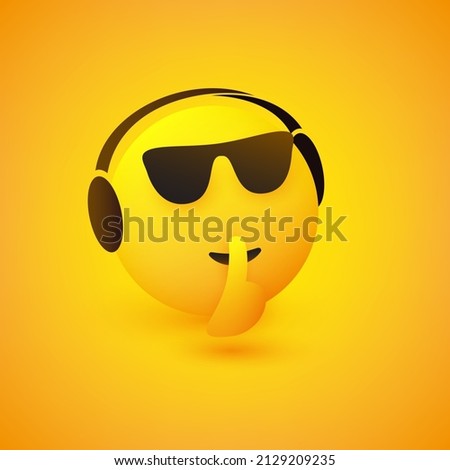 Be Quiet! - Shushing Face with Sunglasses Listening to Music, Gesturing, Showing Make Silence Sign - Simple Emoticon for Instant Messaging on Yellow Background - Vector Design Illustration