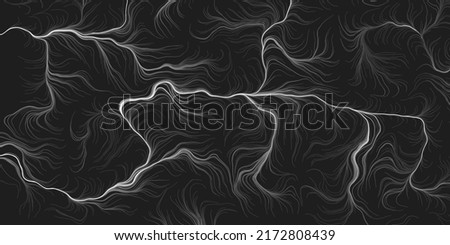 Abstract Modern Style Geometric Background Design, Black and White Lit 3D Flowing Spreading Curving Lines Pattern - Dark Digitally Generated Line Art, Template in Editable Vector Format