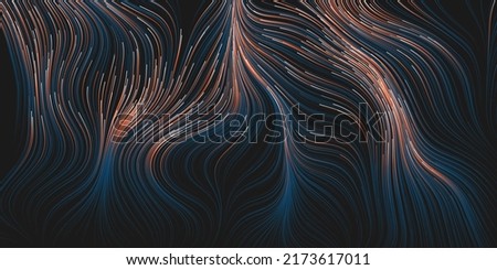 Dark White, Brown and Blue Moving, Flowing Stream of Particles in Curving, Wavy Lines - Digitally Generated Futuristic Abstract 3D Geometric Background Design, Generative Art in Editable Vector Format