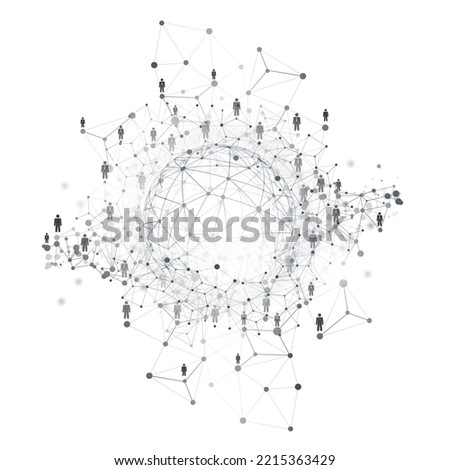 Digital Networks, IT, Global Business Connections - Team Work or Social Media Concept Design with Globe, Connected People and Transparent Polygonal Network Mesh - Template Isolated on White Background