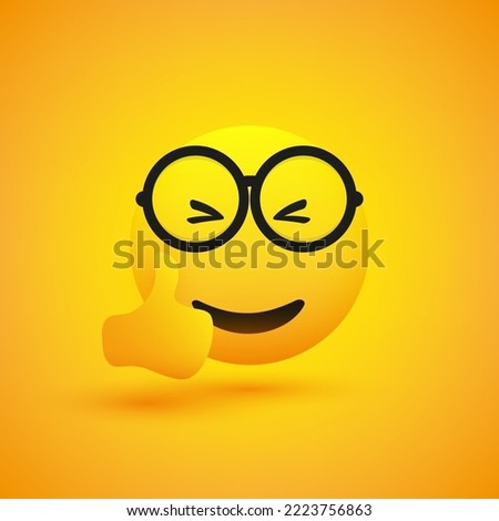 Smiling Cheering Amused Shiny Happy Satisfied Young Male Emoji Wearing Glasses Showing Thumbs Up and Enjoyment - Simple Emoticon on Yellow Background - Vector Design