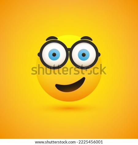 Funny Surprised, Satisfied Smiling Nerd Emoji with Glasses and Pop Out Wide Open Big Blue Eyes - Simple Happy Emoticon on Yellow Background - Vector Design