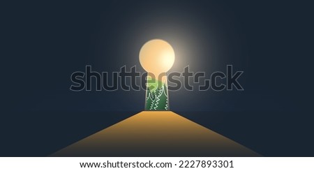 Hope, Curiosity, Dreaming or New Idea Concept - Key Hole on Dark Blue Wall with Glowing Sun Light, Nature, Pine Forest on the Other Side-Final Remedy Concept, Template,Vector Design in Editable Format