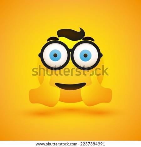 Positive, Smiling Very Satisfied Young Nerd Emoji with Round Glasses Showing Double Thumbs Up on Yellow Background - Vector Symbol Design for Web, Social Media and Instant Messaging Apps