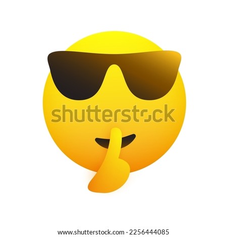 Keep Quiet! - Shushing Emoji with Sunglasses Gesturing - Asking for Be Quiet,Showing Make Silence Sign - Simple Emoticon for Instant Messaging Isolated on White Background - Vector Design Illustration