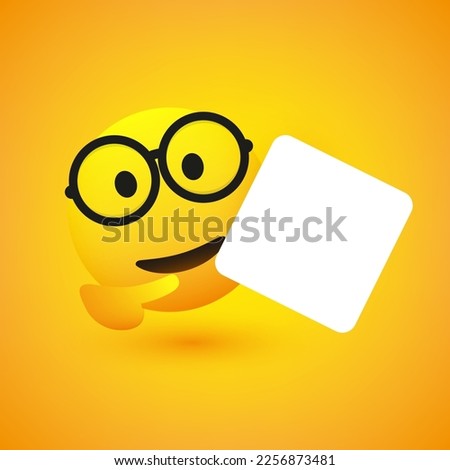 Smiling Emoji with Round Glasses Holding and Pointing To a Big Blank White Square Shaped Card Board Inscription - Template Emoticon with Copyspace, Place, Room for your Text for Web and Advertising 