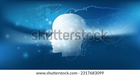 AI Assistant, Chat Bot, Machine Learning, Artificial Intelligence and Networks Design Concept - Futuristic Gradient Background with Lights, Robot Head, Cluster of Glowing Network Nodes and World Map